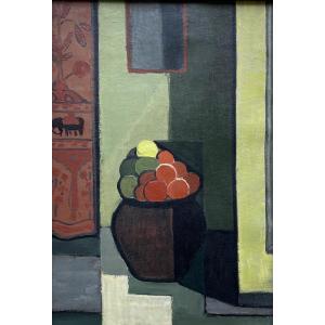 Ecole Cubiste Vers 1940. Intérieur Au Vase De Fruits. Huile Sur Toile.