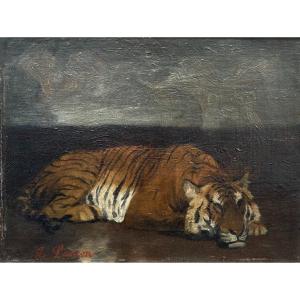 Auguste Lançon (1836-1887). Le Repos Du Tigre. Huile Sur Toile, Signée En Bas à Droite.