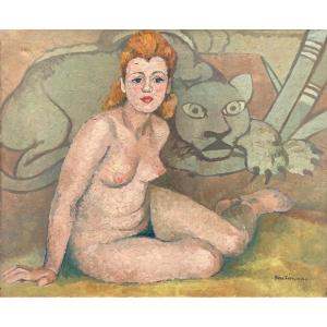 Blas Canovas (1903-1983). The Young Woman And The Tiger, Circa 1950. Oil On Canvas, Signed.