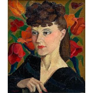 C. Gomien. R (Actif vers 1930-1940). Portrait De Femme Aux Fleurs Et Aux Papillons, 1944. Huile