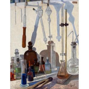 Jean Duroeulx (1898-1967). Le Laboratoire, 1940. Huile Sur Panneau d'Isorel, Sign&eacute;e Et Dat&eacute;e.