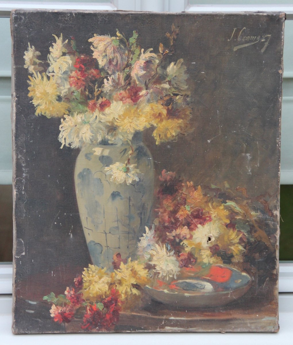 Flowers Oil On Canvas Signed 1887-photo-2