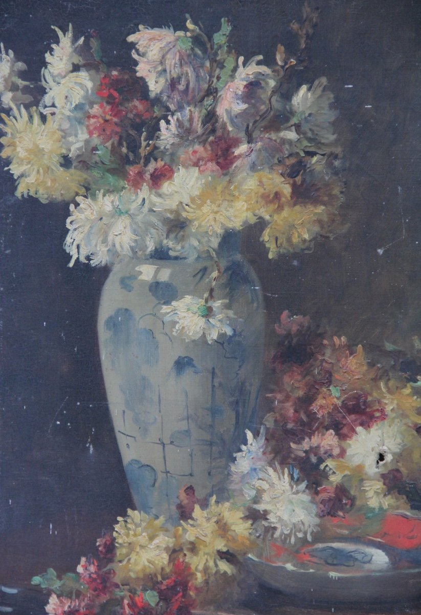 Flowers Oil On Canvas Signed 1887-photo-3