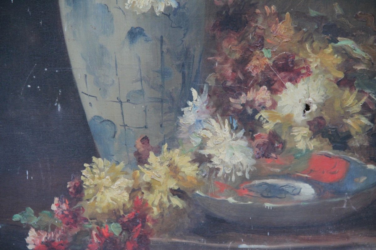 Flowers Oil On Canvas Signed 1887-photo-1