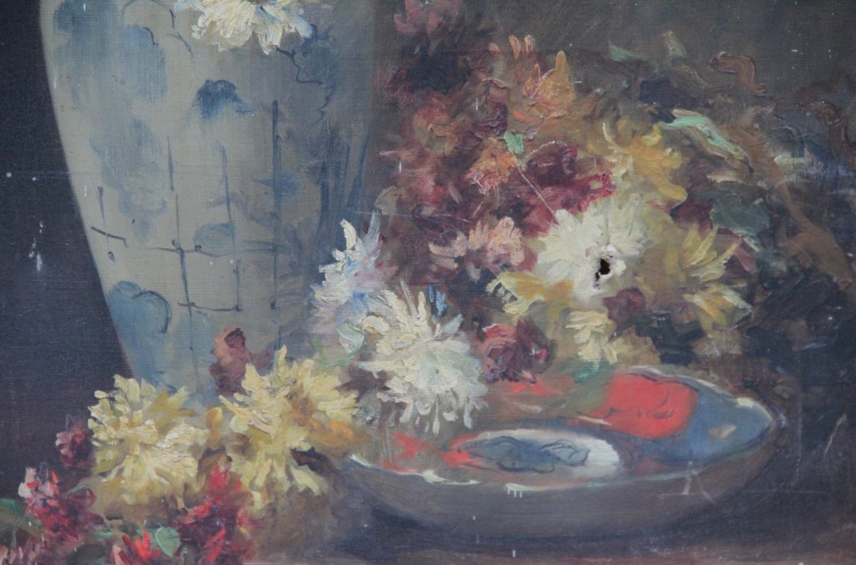 Flowers Oil On Canvas Signed 1887-photo-2