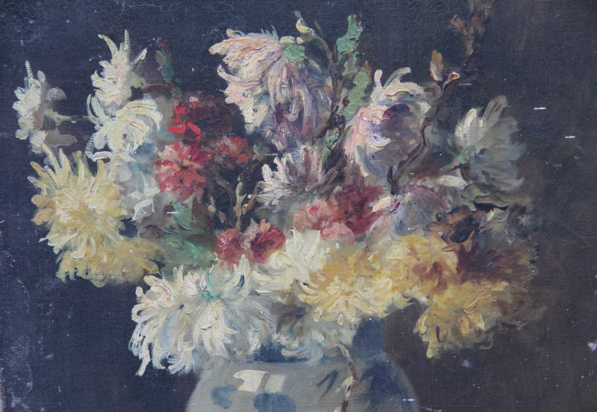 Flowers Oil On Canvas Signed 1887