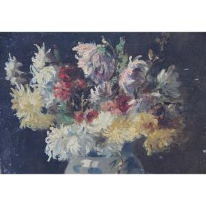 Flowers Oil On Canvas Signed 1887