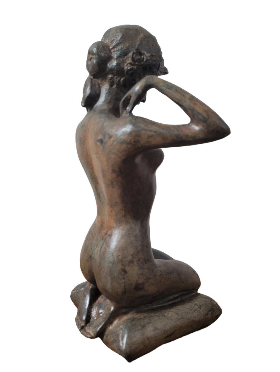 Pierre Chenet - Crouching Woman With Necklace - Bronze With Ocher Patina-photo-4