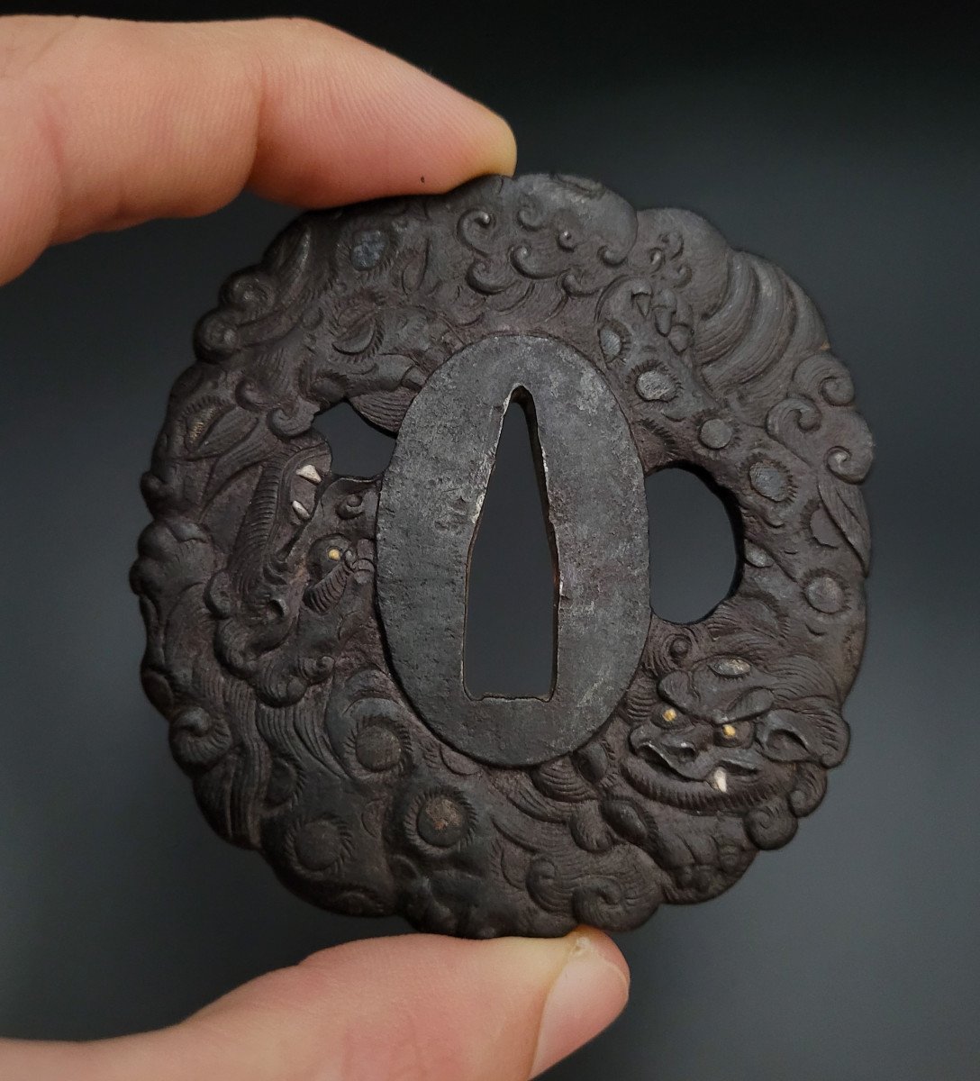 Tsuba Kawari Gata - Décor De Shishi - Japon - Epoque Edo - Fer-photo-4