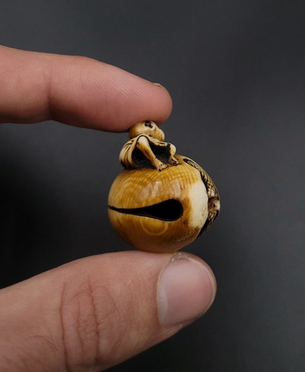 Netsuke - Bonze Laughing On A Mokugyo - Ivory - 19th Century-photo-4