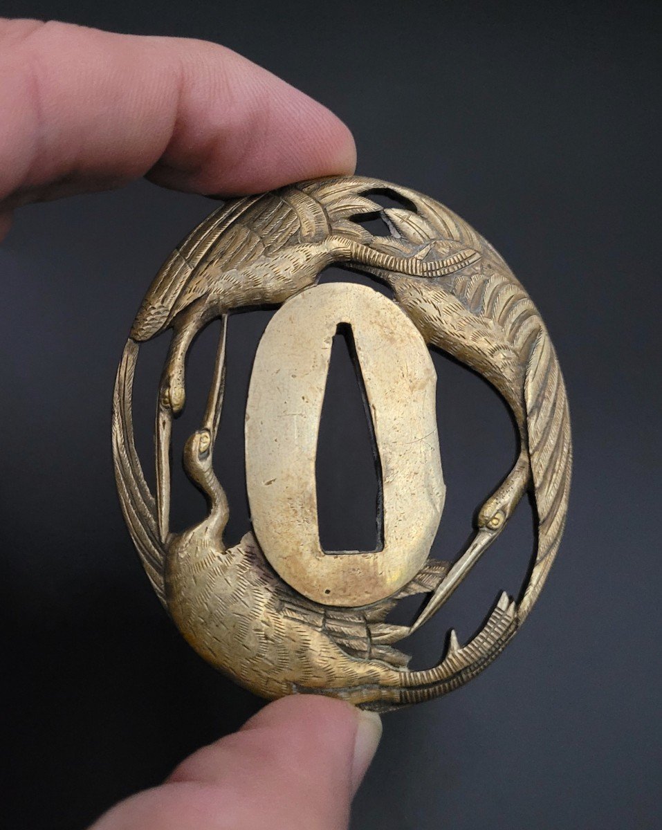 Tsuba - Cranes In Flight - Sentoku - Nagamaru Gata - 19th Century-photo-3