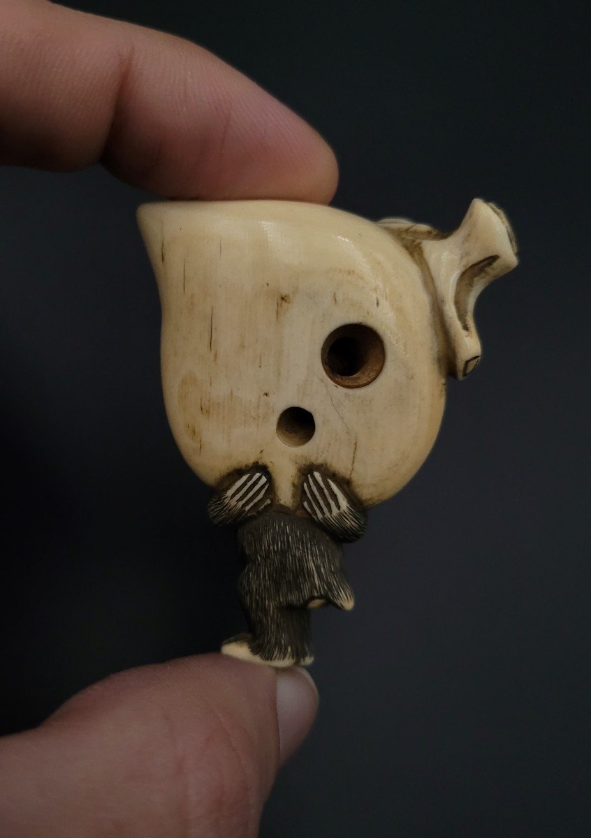 Netsuke - Singe Soutenant Une Pêche Géante - Ivoire - Ere Meiji-photo-4