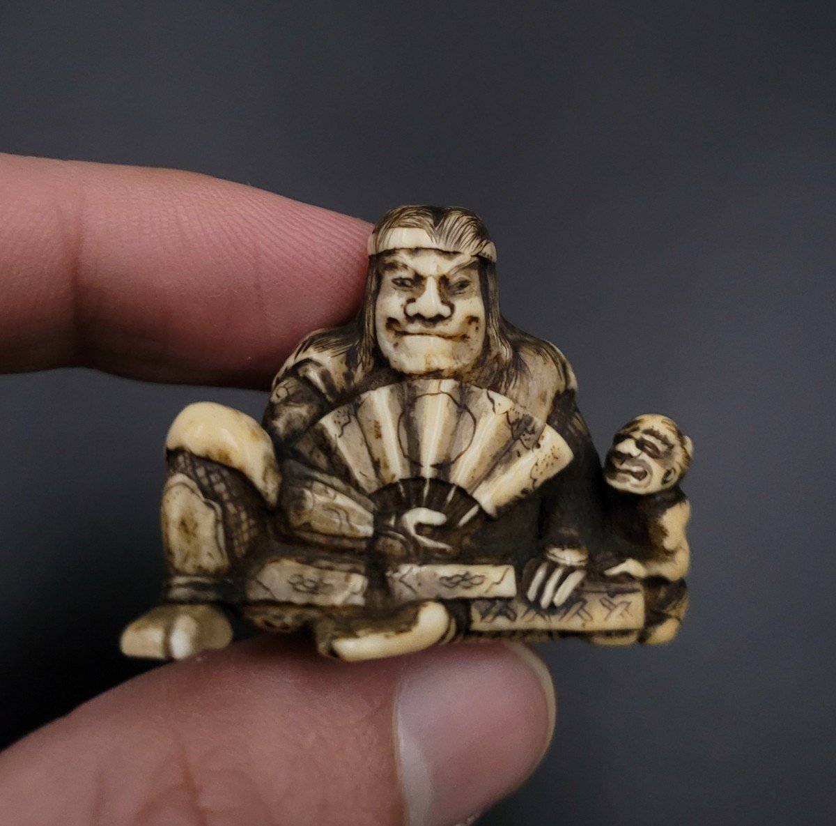 Netsuke - Samurai With Fan And Oni - Ivory - Toun - Meiji