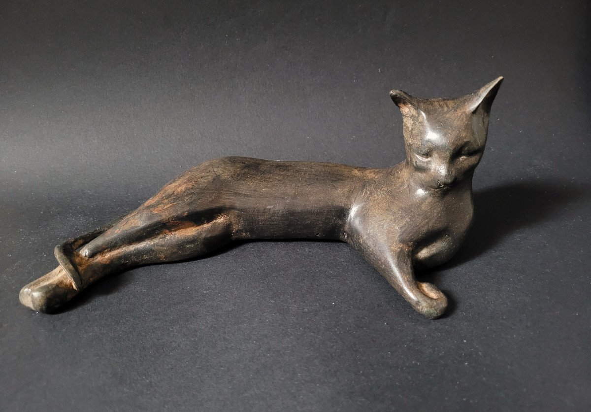 Pierre Chenet - Lying Cat - Bronze Sculpture-photo-2