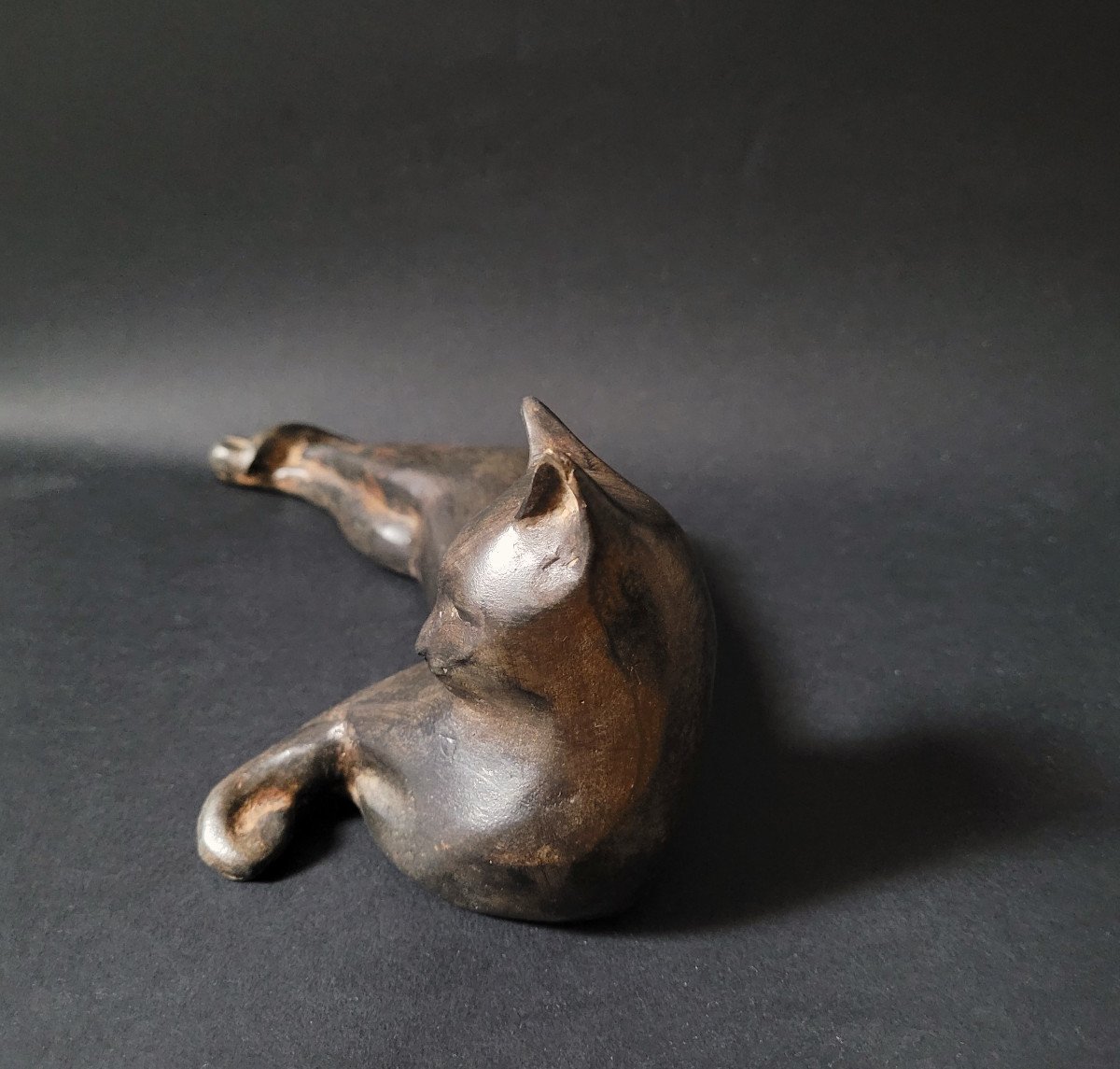 Pierre Chenet - Lying Cat - Bronze Sculpture-photo-4