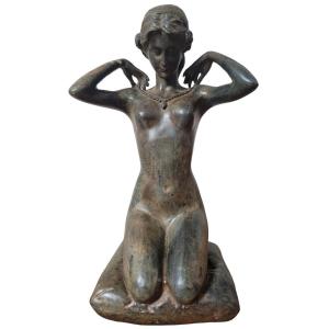 Pierre Chenet - Crouching Woman With Necklace - Bronze With Ocher Patina