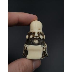 Netsuke - Fukurokuju On Parchment - Ivory - Late 19th Century