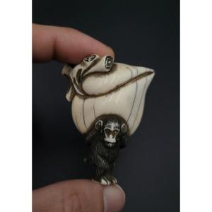 Netsuke - Singe Soutenant Une Pêche Géante - Ivoire - Ere Meiji