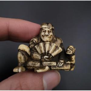 Netsuke - Samurai With Fan And Oni - Ivory - Toun - Meiji