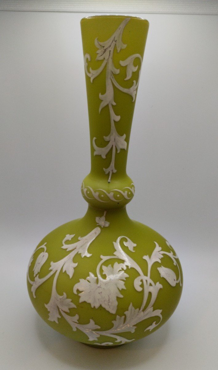 Vase In Opaline - Lined And Enameled - Harrach Manufacture - Bohème - Circa 1870