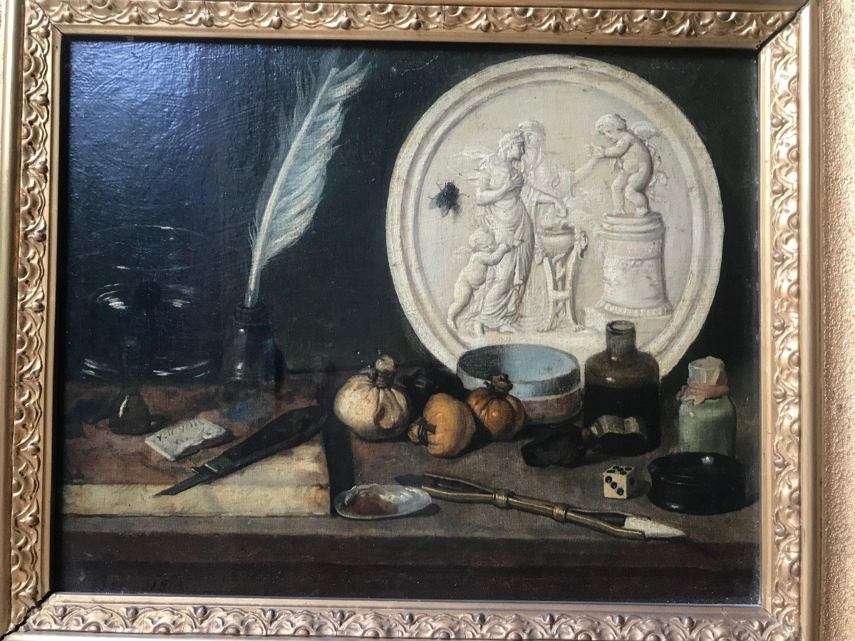 Huile Sur Toile- Nature Morte - Jean Bonvoisin - Ecole Française- V. 1800.-photo-2