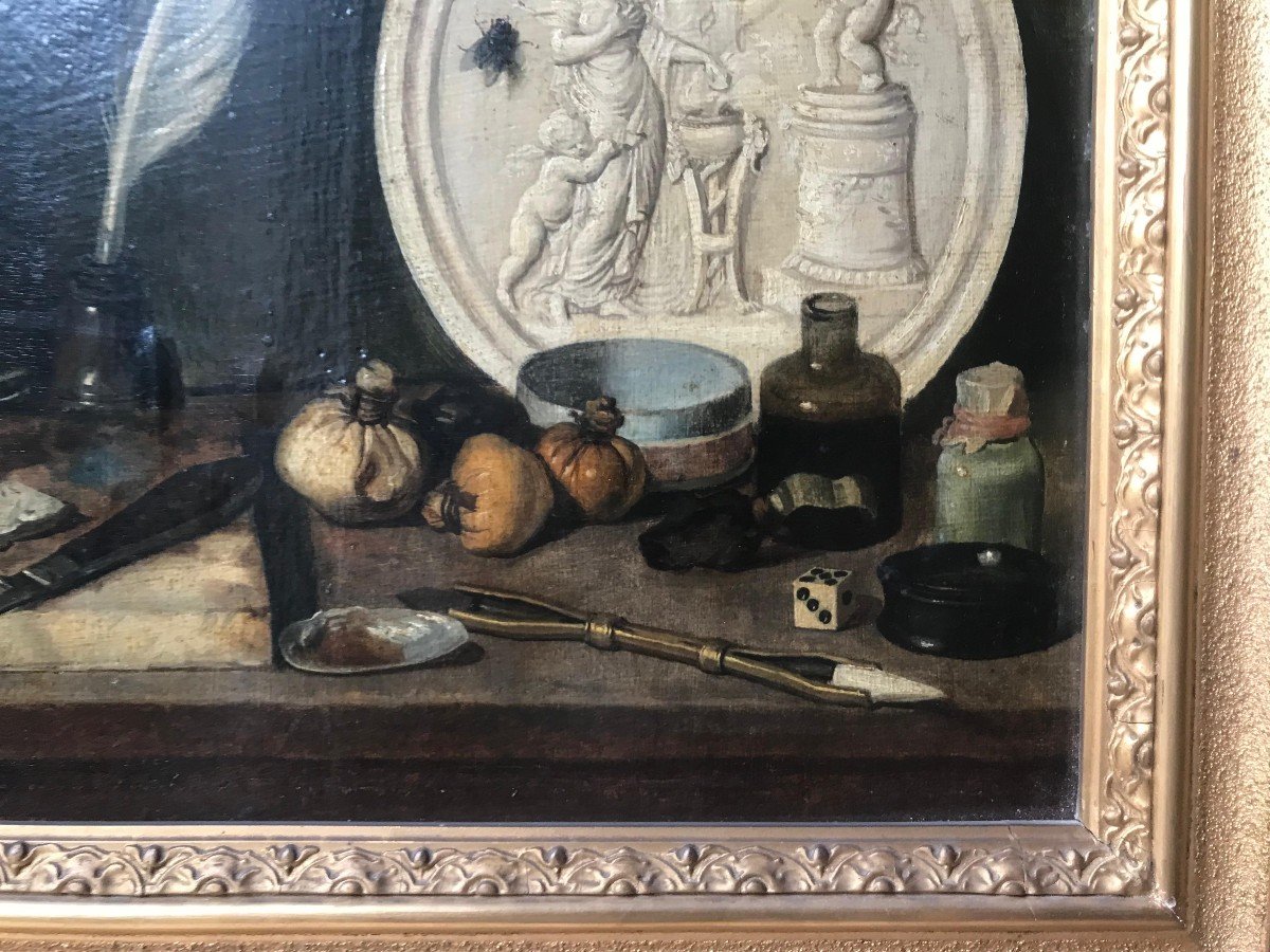 Huile Sur Toile- Nature Morte - Jean Bonvoisin - Ecole Française- V. 1800.-photo-3