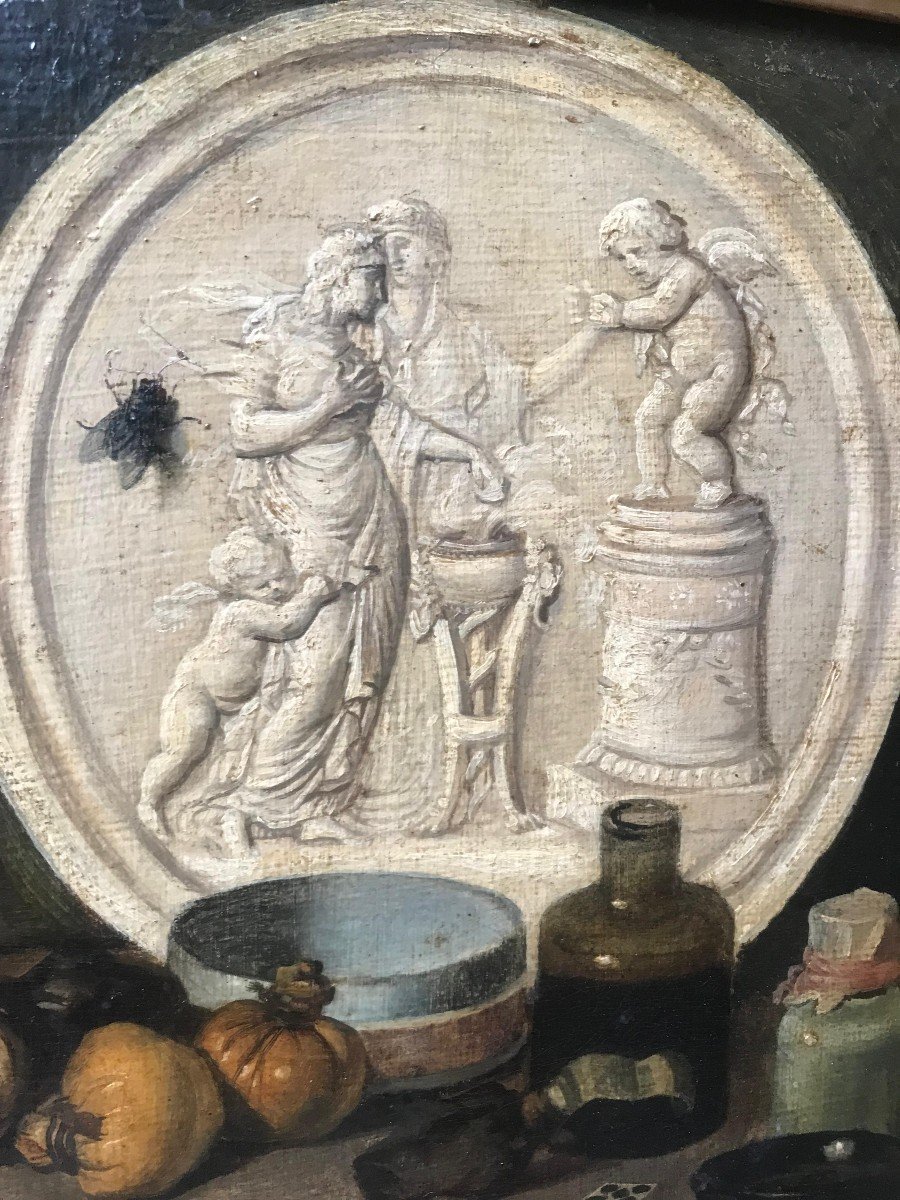 Huile Sur Toile- Nature Morte - Jean Bonvoisin - Ecole Française- V. 1800.-photo-2