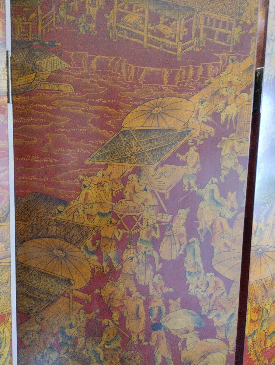 Screen - Four Leafs - Laque- Red And  Gold -  Circa 1930.-photo-3