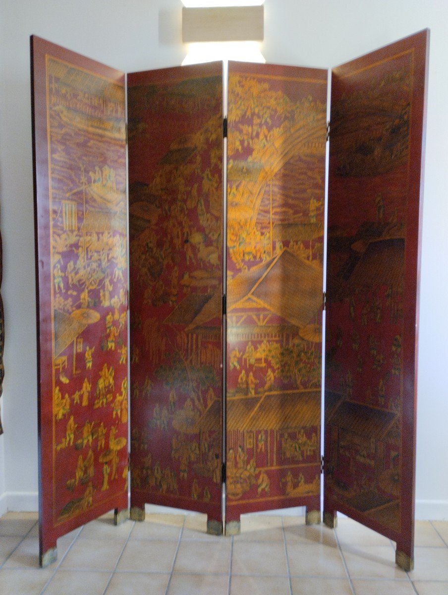 Screen - Four Leafs - Laque- Red And  Gold -  Circa 1930.-photo-4