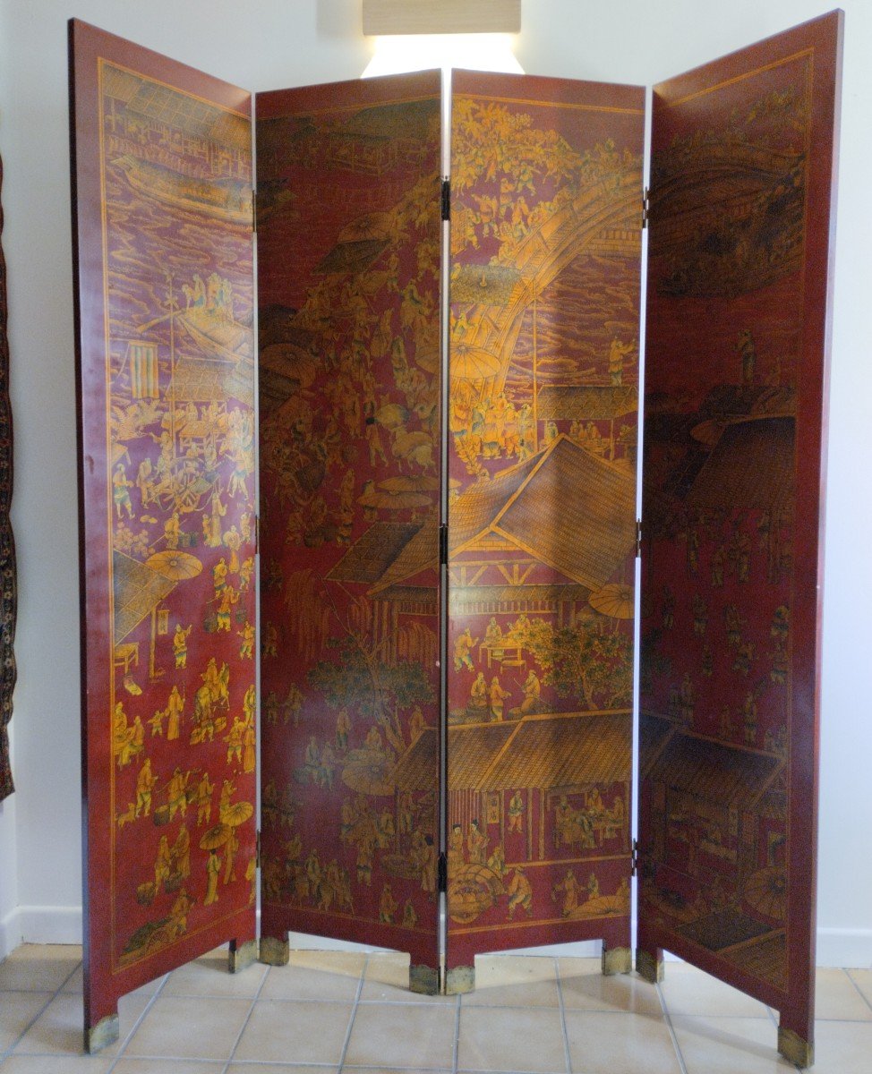 Screen - Four Leafs - Laque- Red And  Gold -  Circa 1930.-photo-1