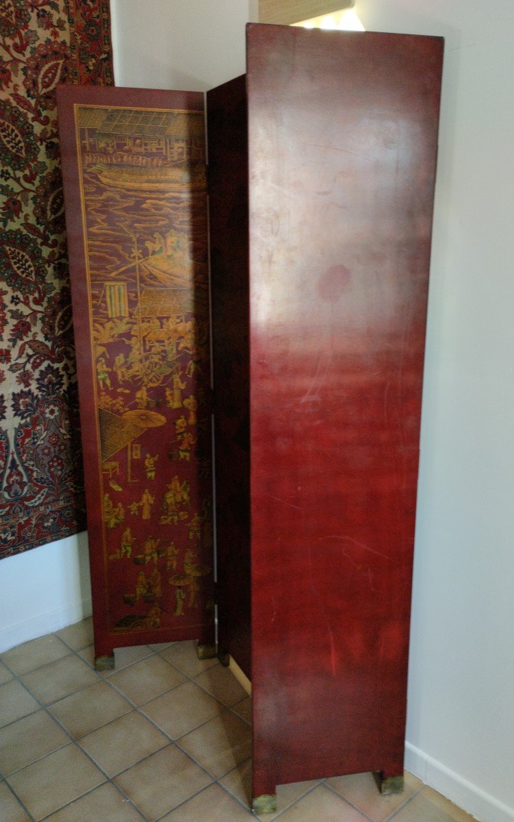 Screen - Four Leafs - Laque- Red And  Gold -  Circa 1930.-photo-5