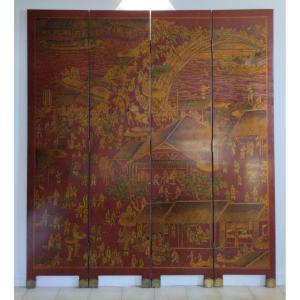 Screen - Four Leafs - Laque- Red And  Gold -  Circa 1930.