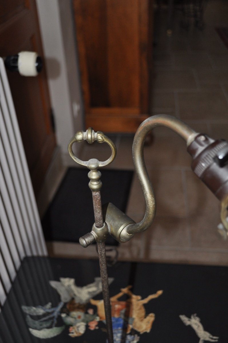 Desk Lamp Signed Muller Frères Luneville Foot In Brass And Iron Tulip In Glass Paste-photo-3