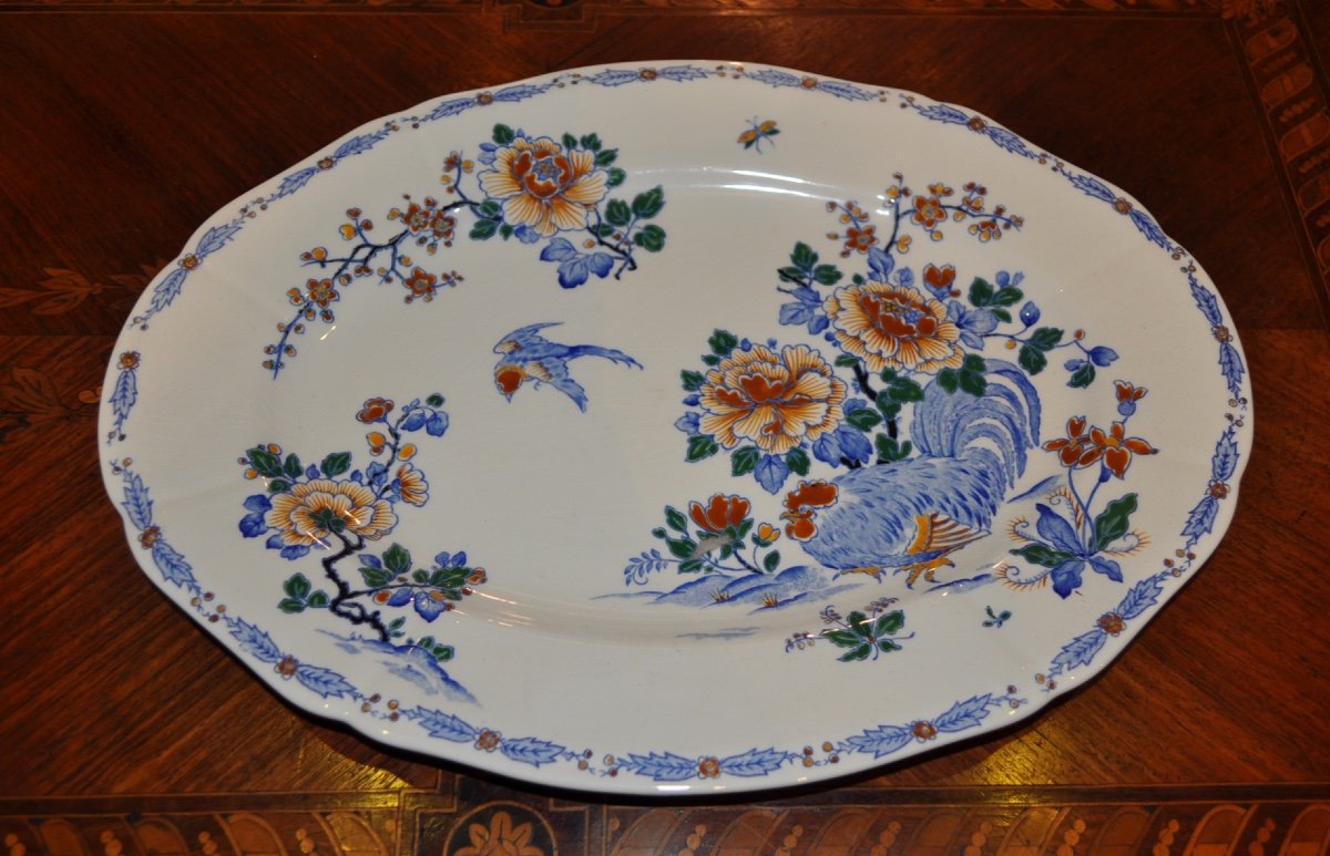 Large Oval Dish In Gien Earthenware Rooster And Peony Decor Perfect Condition