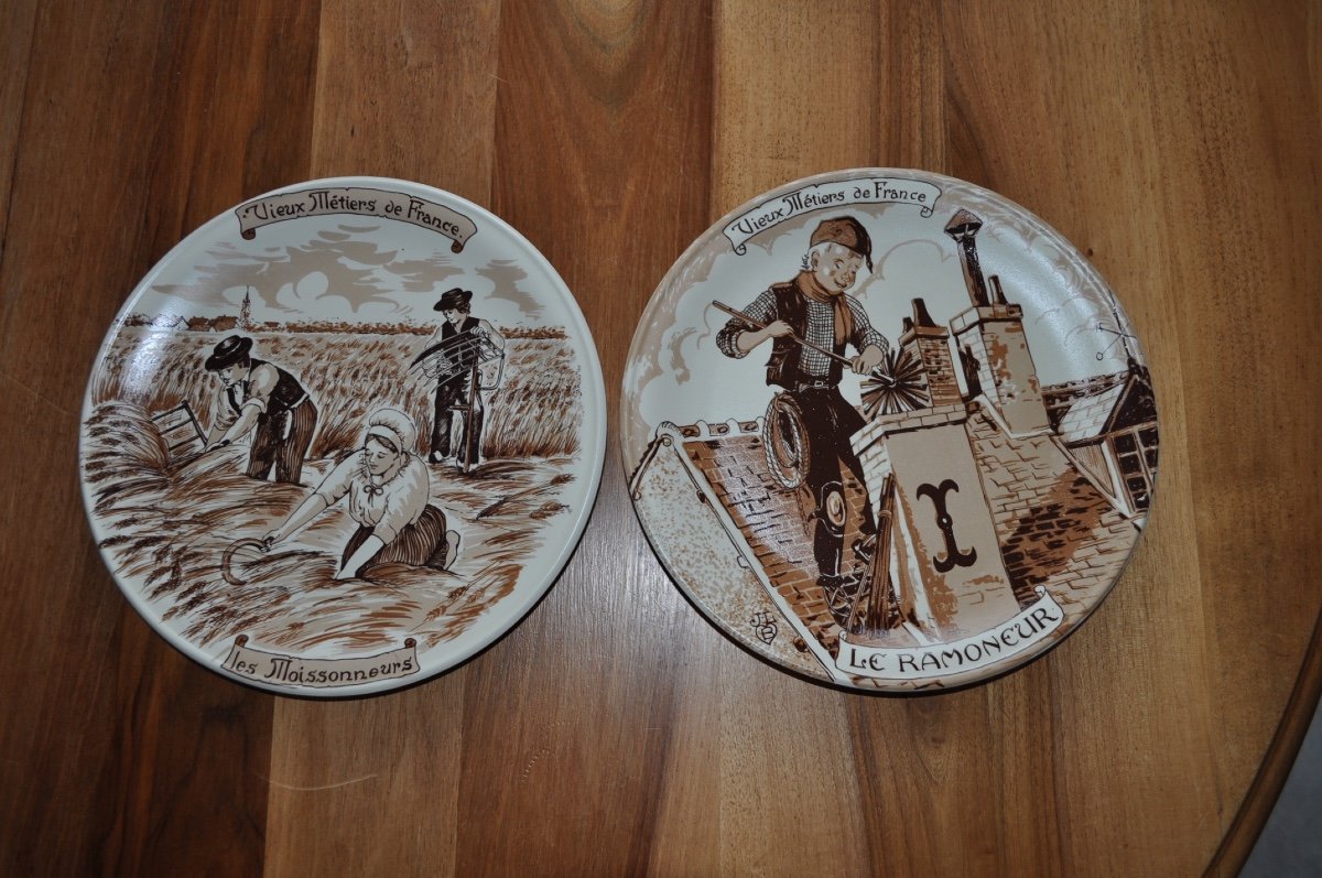 Series Of 12 Large Porcelain Plates Old Trades Of France Le Meunier Charron Etc Stoneware-photo-3