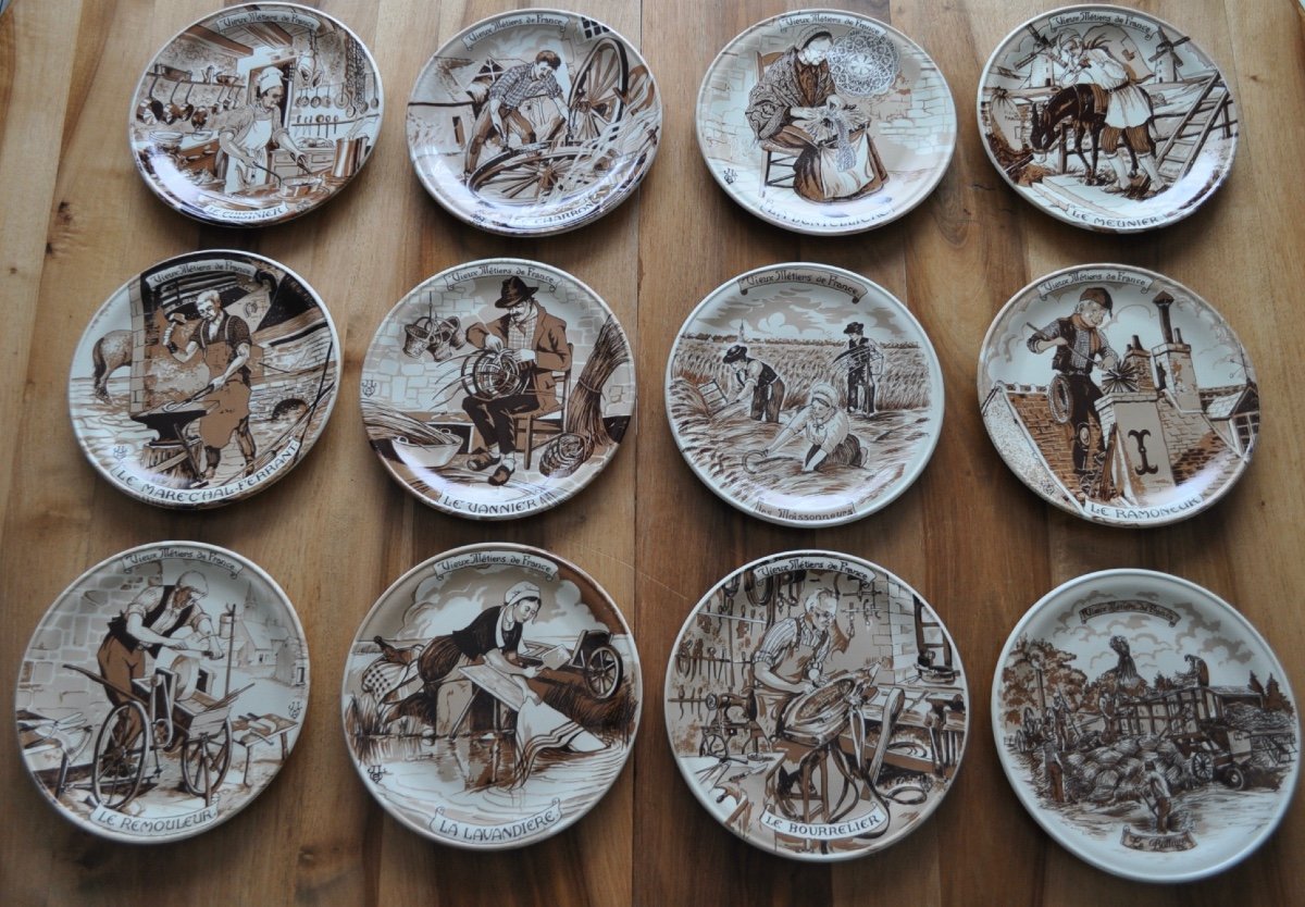 Series Of 12 Large Porcelain Plates Old Trades Of France Le Meunier Charron Etc Stoneware