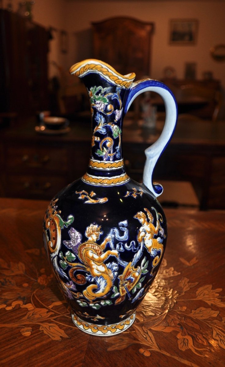 Gien Earthenware Ewer With Italian Renaissance Decor On A Blue Background Pitcher 26 Cm-photo-3