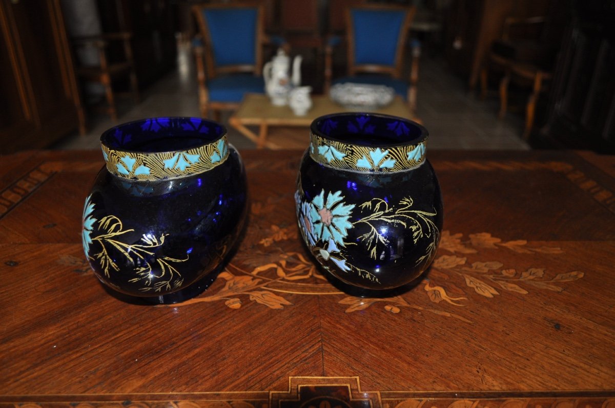Paire De Vases En Verre Bleu émaillé Verrerie Legras Non Signé époque Art Nouveau Vers 1900-photo-3
