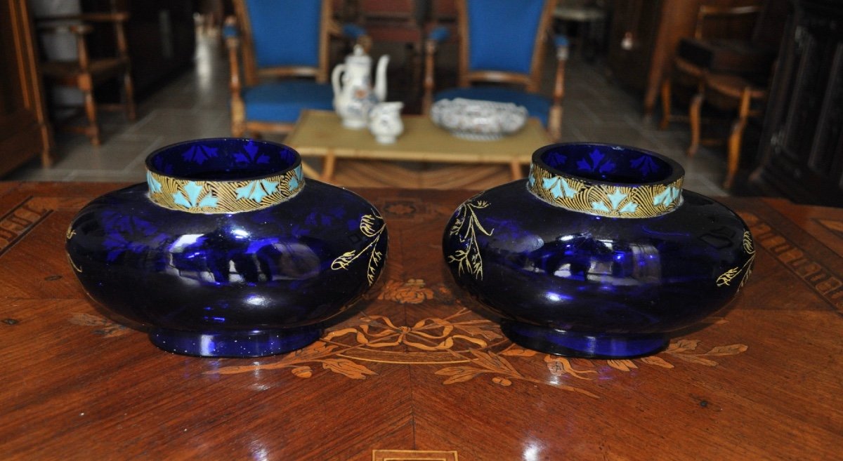 Paire De Vases En Verre Bleu émaillé Verrerie Legras Non Signé époque Art Nouveau Vers 1900-photo-4