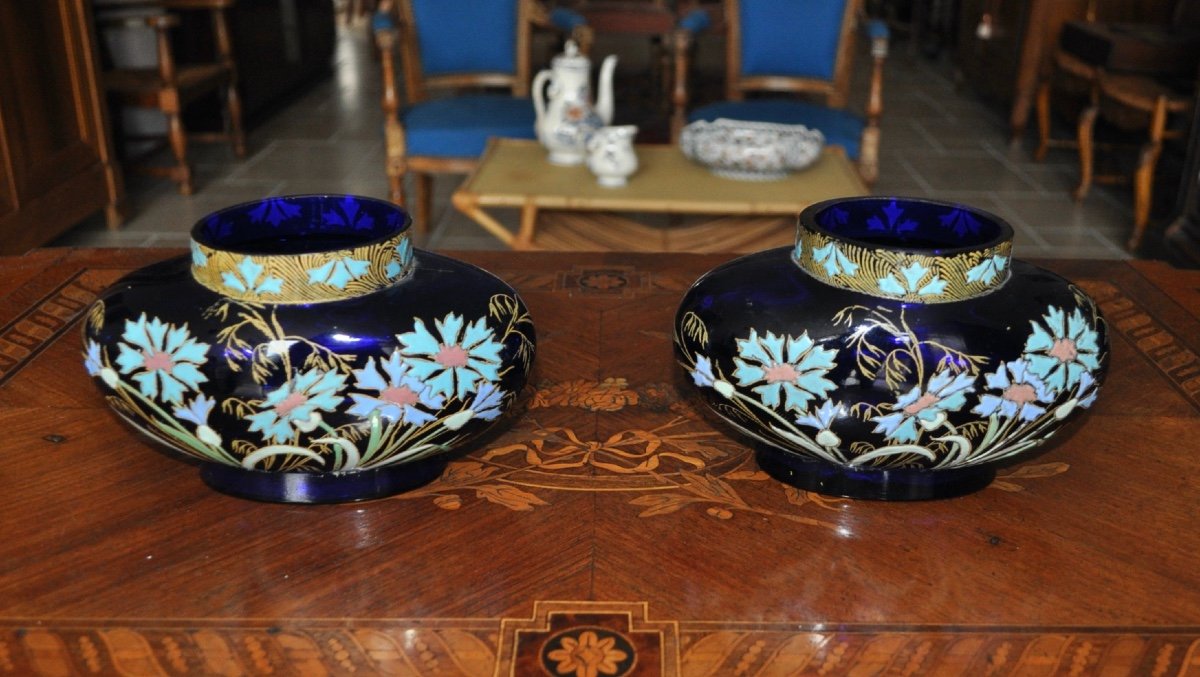 Paire De Vases En Verre Bleu émaillé Verrerie Legras Non Signé époque Art Nouveau Vers 1900