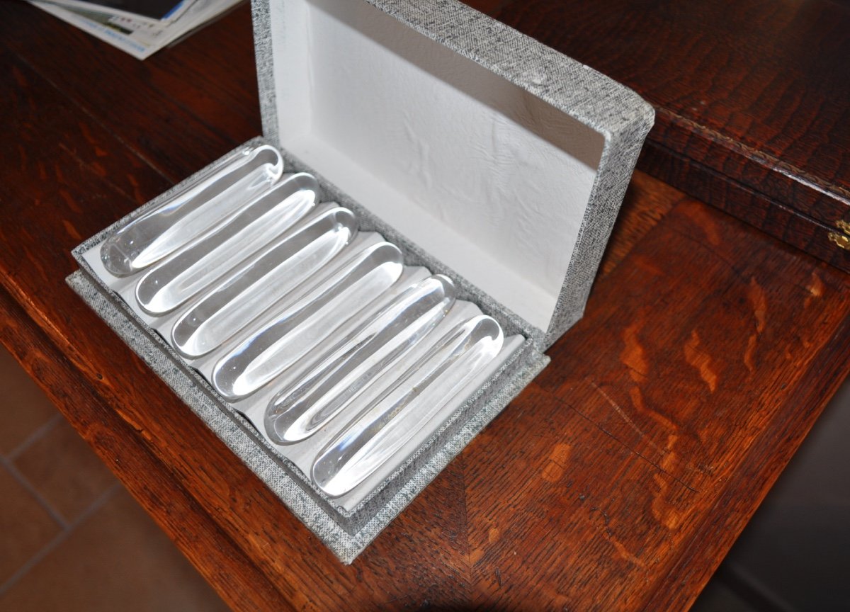 Series Of 6 Crystal Knife Holders Signed Daum France Six Knife Holders In A Gift Box