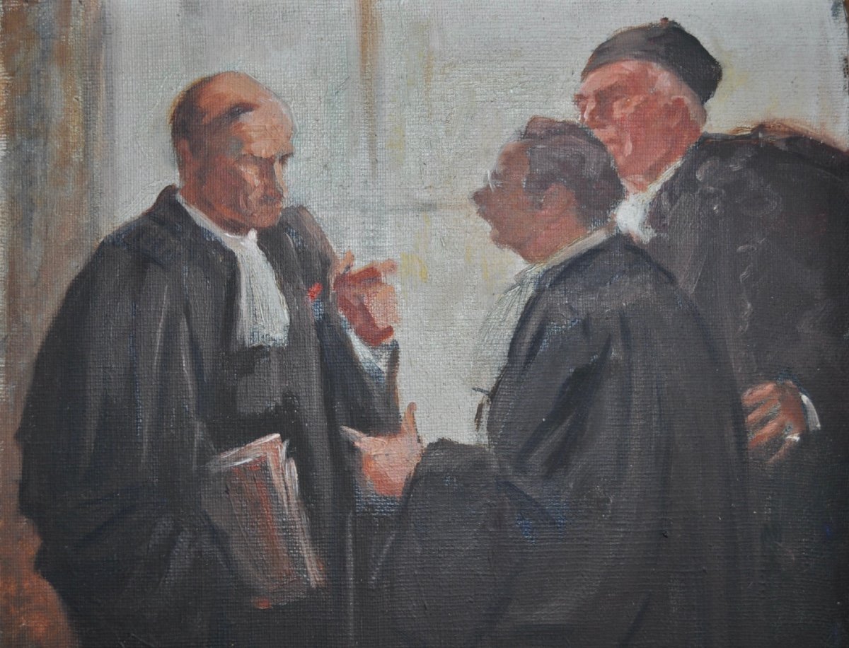 Gaston Hoffmann Huile Sur Toile Marouflée " l'Entracte " Avocats Tableau Ancien  Hst signé-photo-2