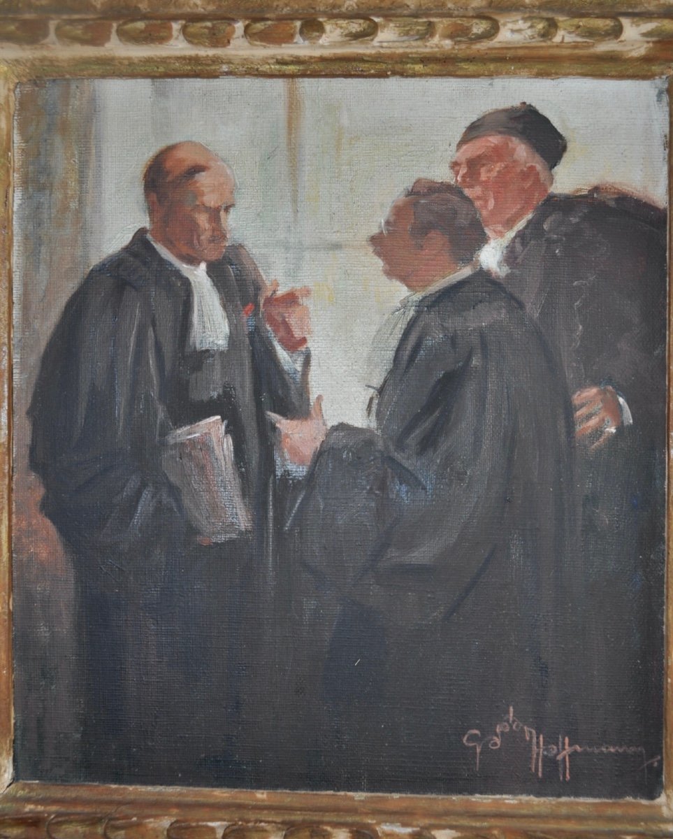 Gaston Hoffmann Huile Sur Toile Marouflée " l'Entracte " Avocats Tableau Ancien  Hst signé-photo-4