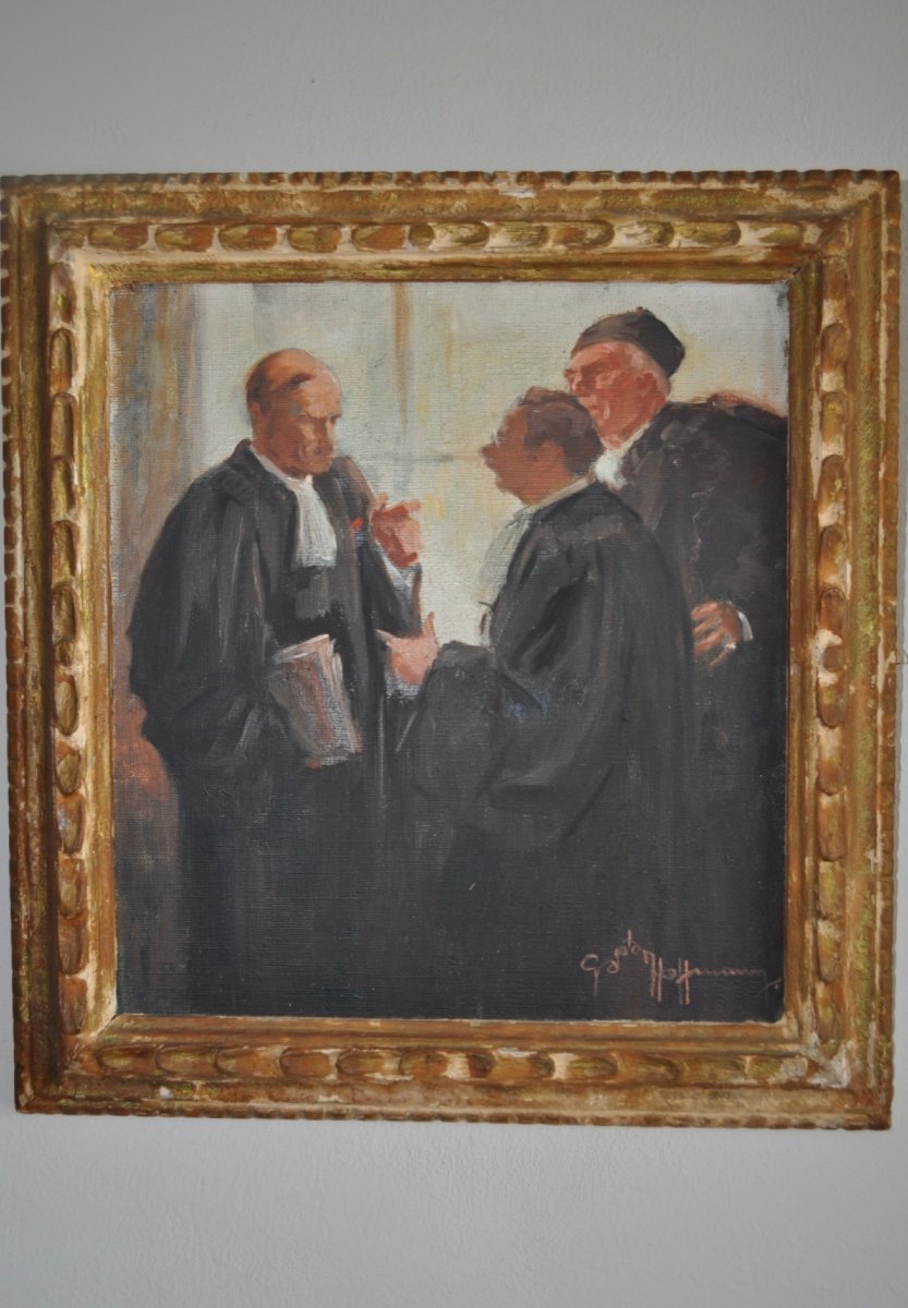 Gaston Hoffmann Huile Sur Toile Marouflée " l'Entracte " Avocats Tableau Ancien  Hst signé