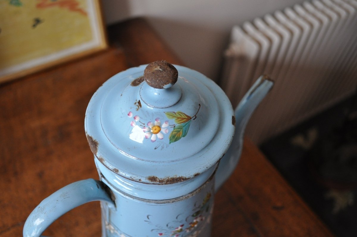 Old Coffee Pot In Painted And Enameled Sheet Metal With Blue Background, Early 20th Century Floral Decor-photo-1