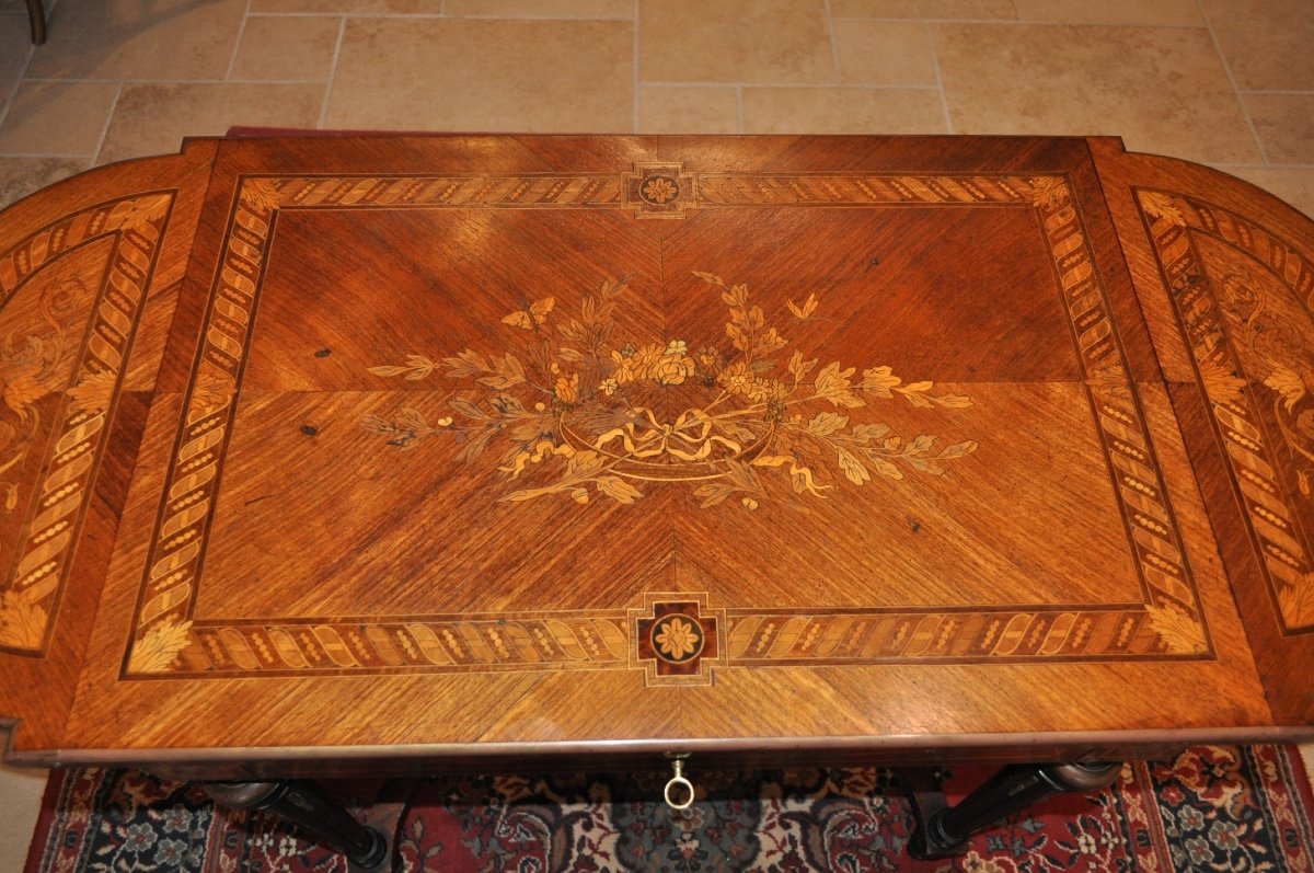 Petite Table De Salon Ancienne En Marqueterie d'époque 19ème Style Napoléon III Table De Milieu-photo-2