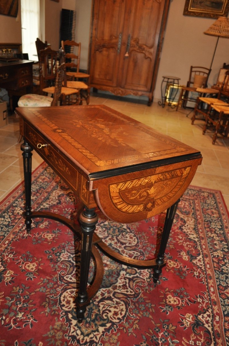 Petite Table De Salon Ancienne En Marqueterie d'époque 19ème Style Napoléon III Table De Milieu-photo-4