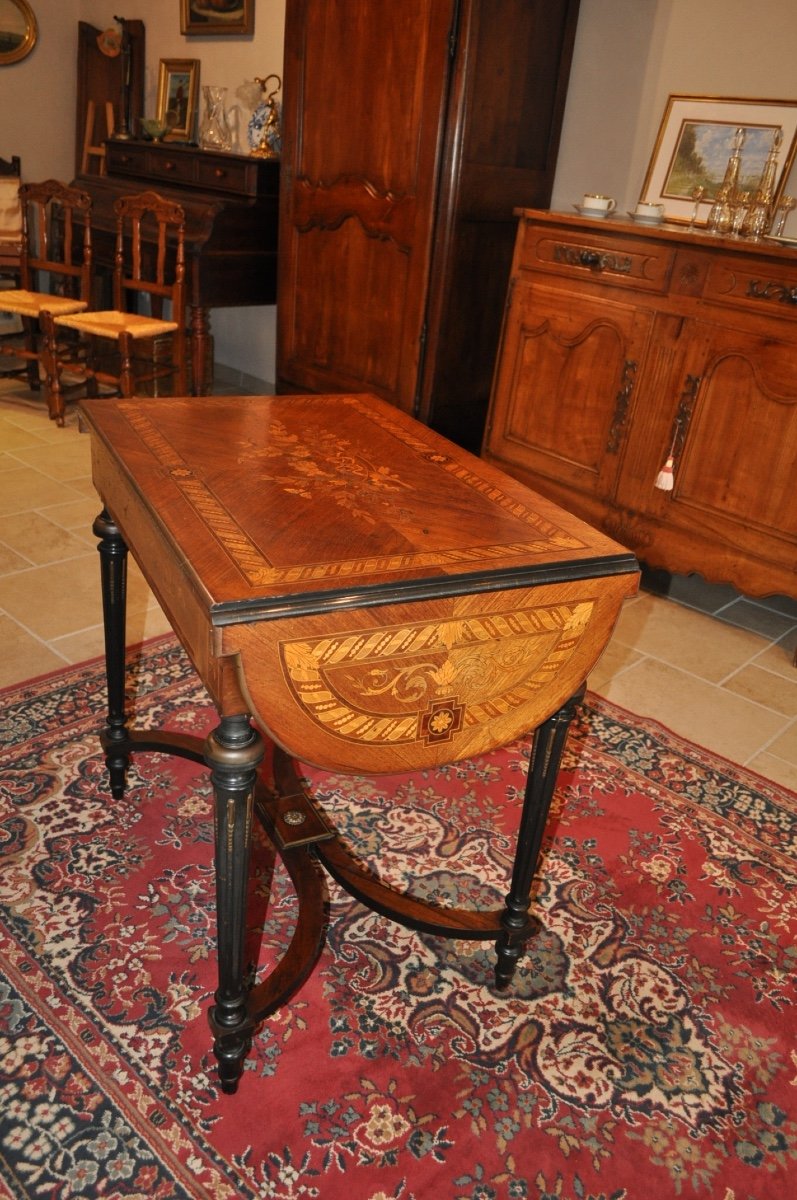 Small Antique Living Room Table In Marquetry 19th Century Napoleon III Style Middle Table-photo-8