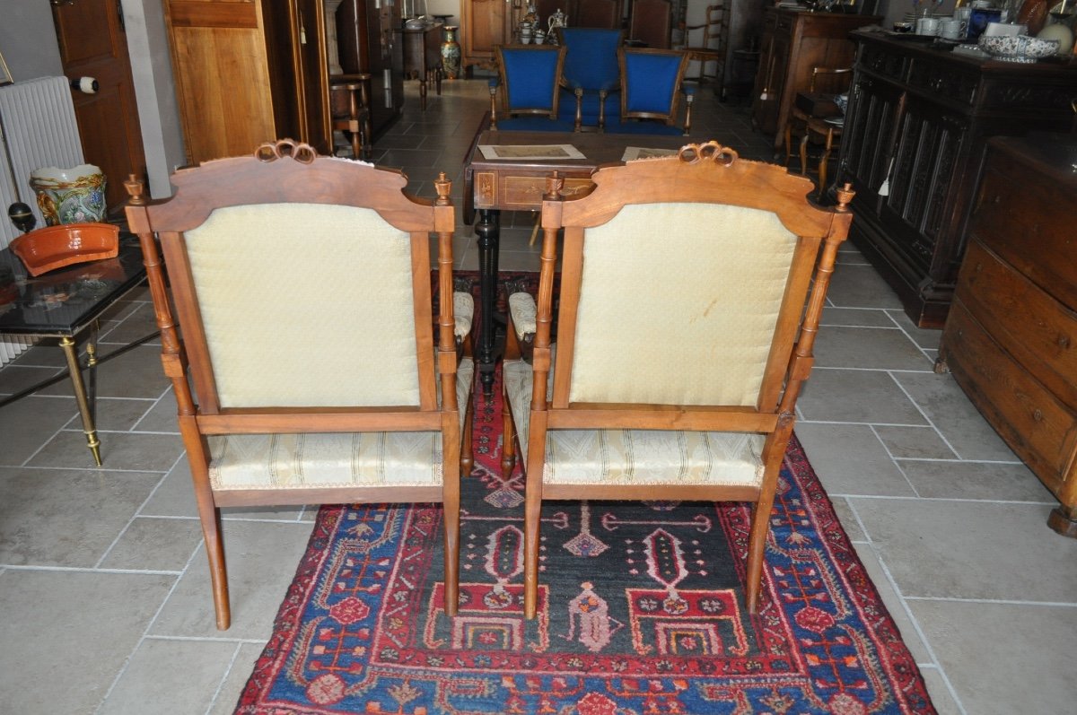 Pair Of Louis XVI Armchairs In Walnut Flat Back To The Queen, 19th Napoleon III Living Room-photo-3