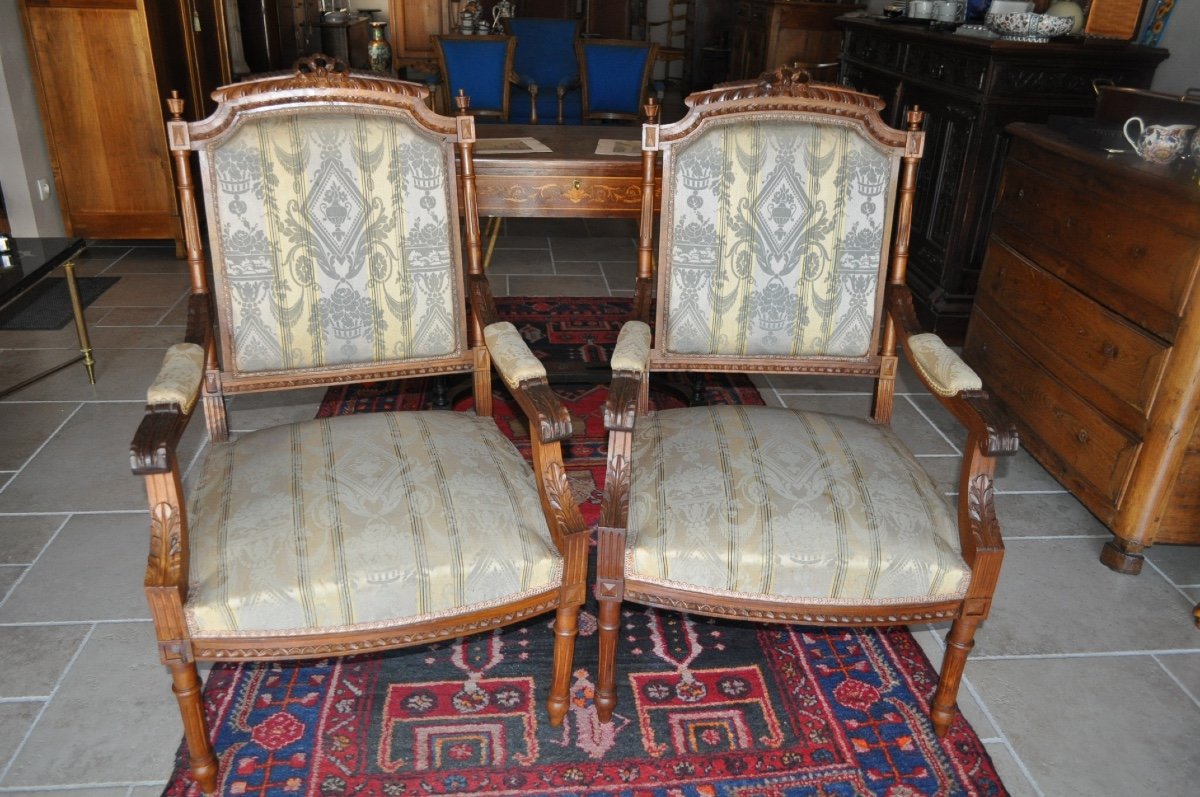 Pair Of Louis XVI Armchairs In Walnut Flat Back To The Queen, 19th Napoleon III Living Room